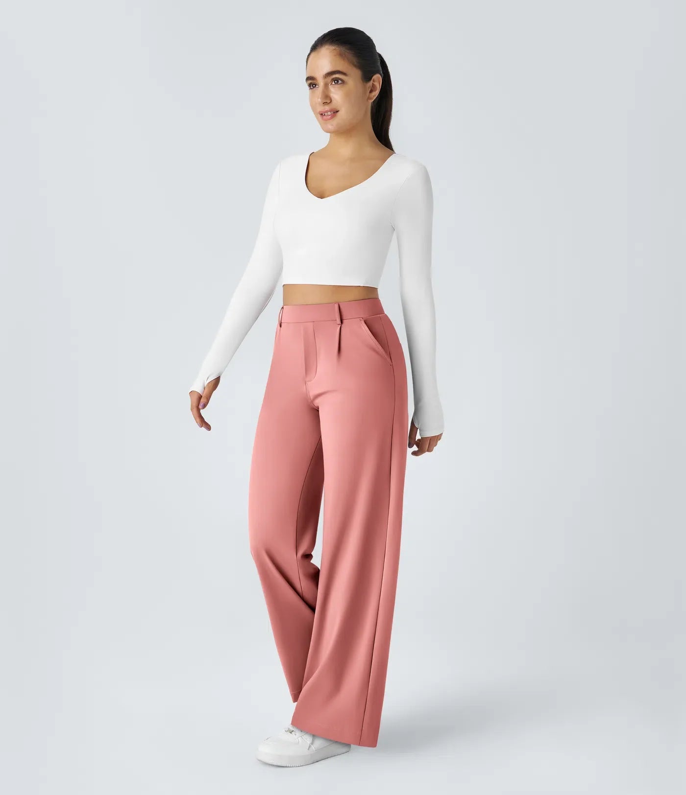 Rosa - Hohe Taille Plissee Seitentaschen Gerades Bein