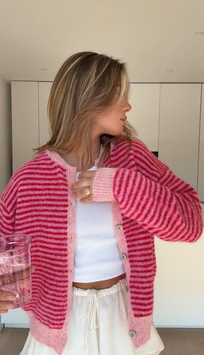 SOFT STRIPED CARDIGAN CHERRY
