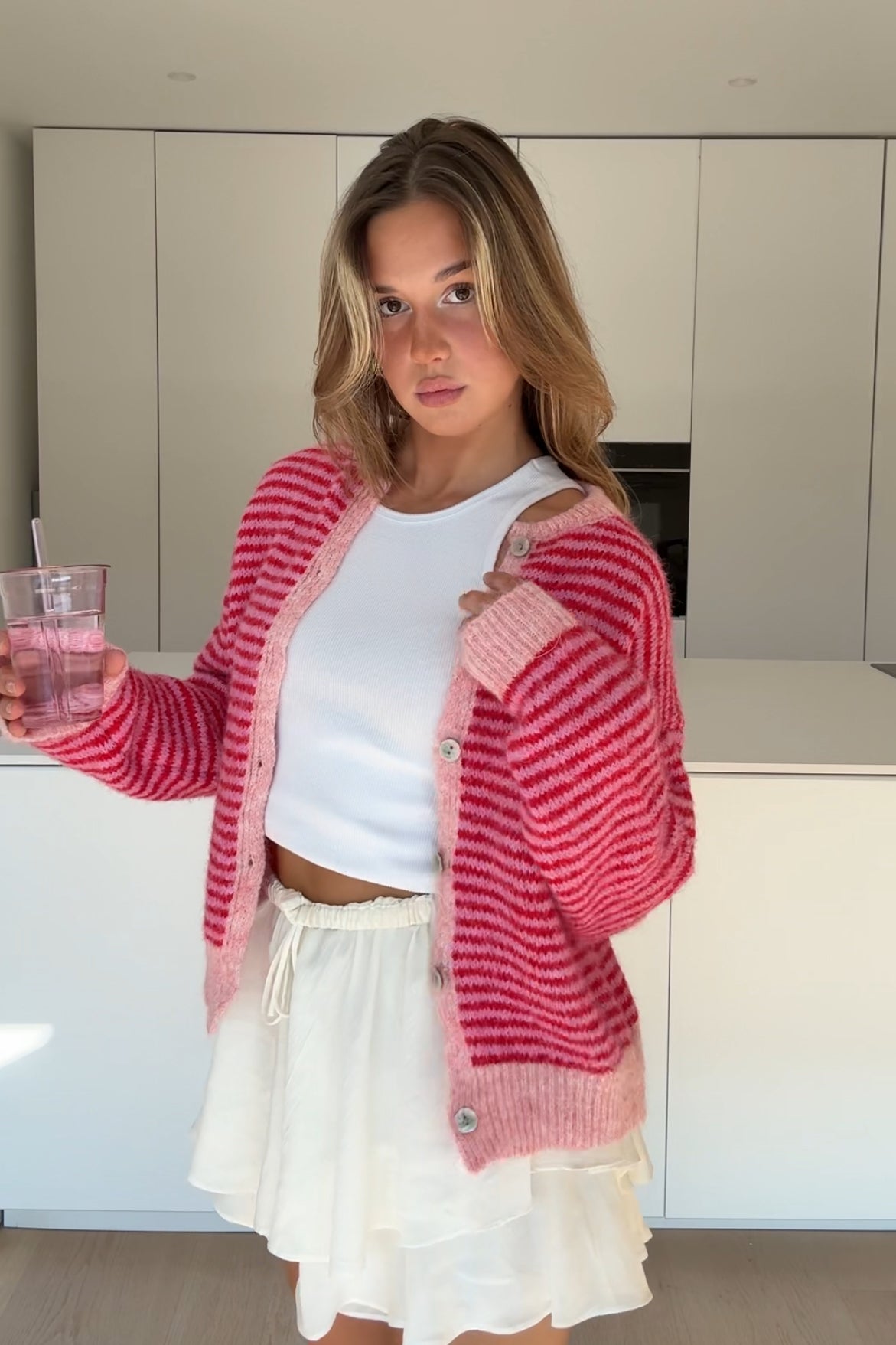 SOFT STRIPED CARDIGAN CHERRY
