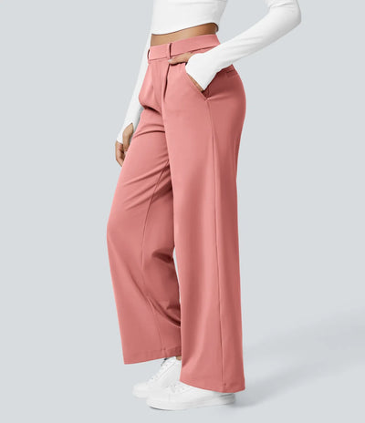 Rosa - Hohe Taille Plissee Seitentaschen Gerades Bein