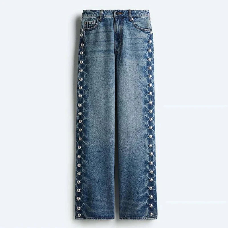 Hilda Weitbein-Jeanshose mit Perlenverzierung