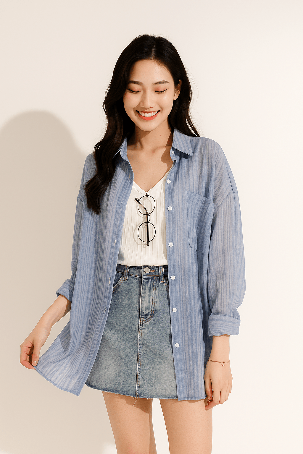 Yvet Lockere Bluse mit Knopfleiste und Brusttasche